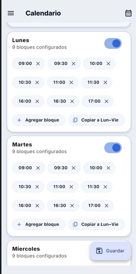 Configuración de agenda por día con bloques de horario en MiSalud