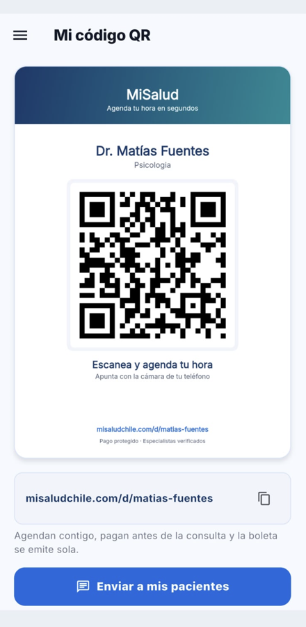 Código QR personal del especialista para que sus pacientes agenden y paguen en línea