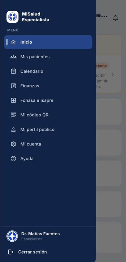 Menú del especialista en MiSalud: inicio, pacientes, calendario, finanzas, código QR y perfil público
