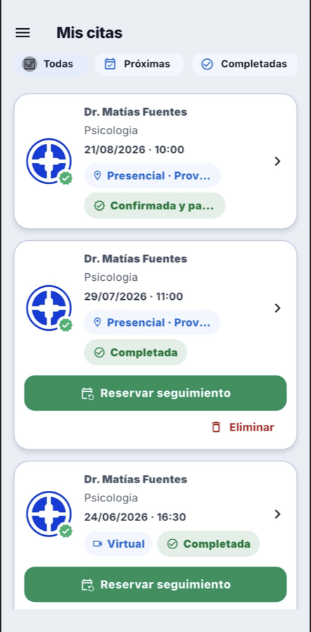 Pantalla Mis citas del paciente en MiSalud, con sus horas próximas y completadas