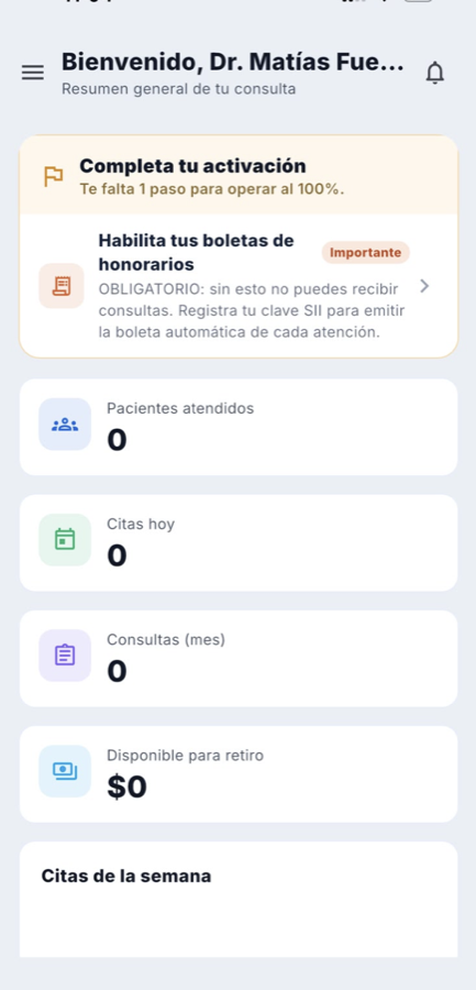 Panel del especialista en MiSalud mostrando el aviso Completa tu activación con el paso de habilitar boletas de honorarios