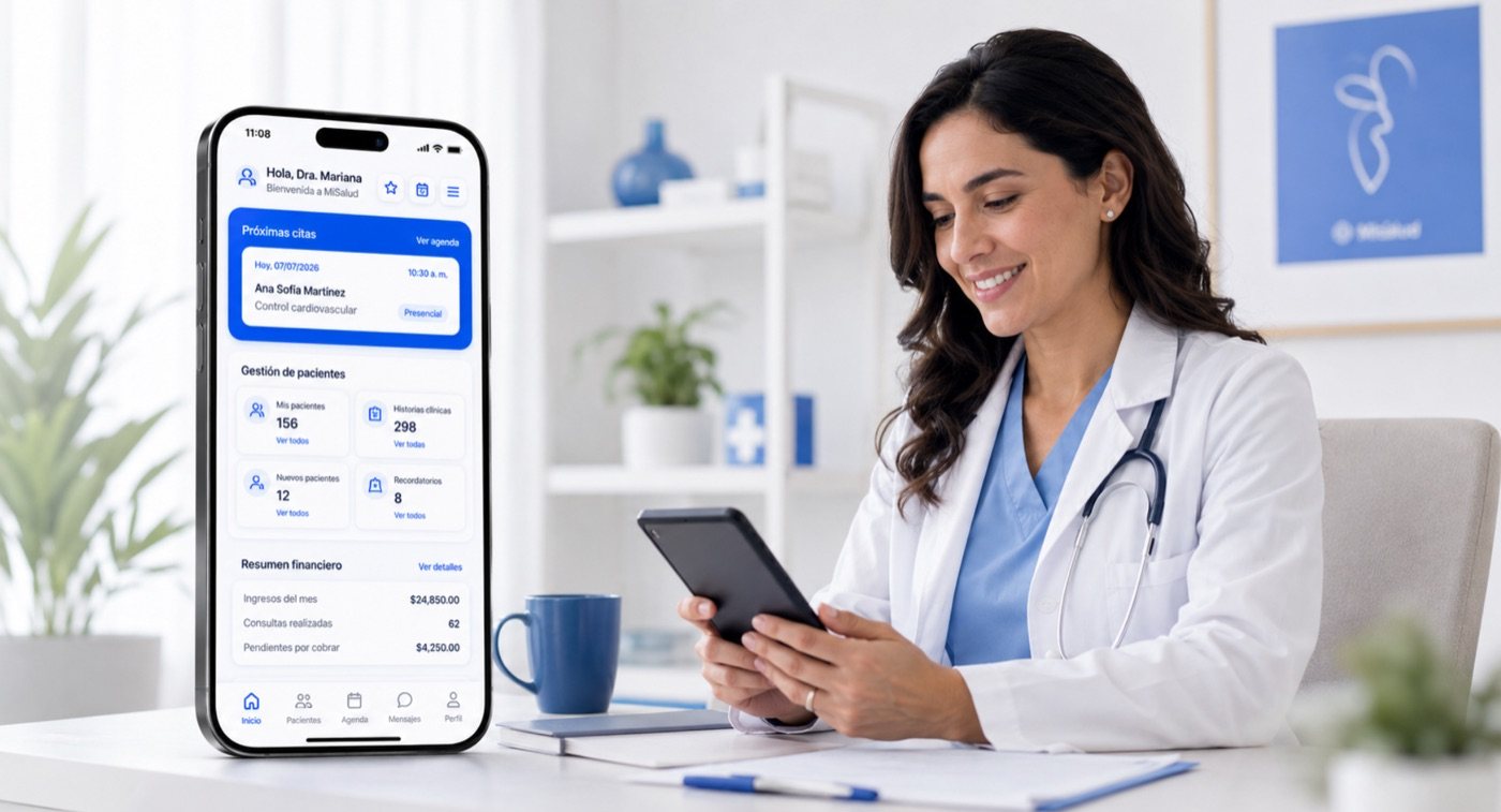 Doctora gestionando sus pacientes y finanzas en MiSalud